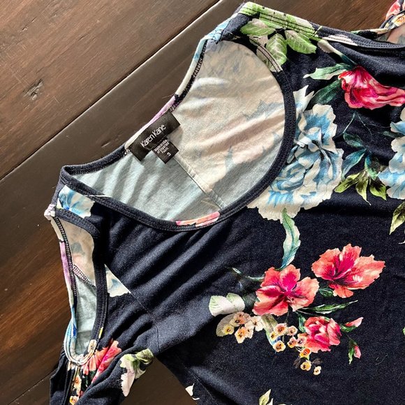 Karen Kane Dress Small Navy Blue Floral Cut Out Shoulders Bell Sleeves Midi Dres - Picture 6 of 6